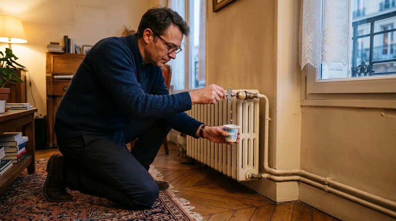 Homme purgeant un radiateur avec une clé