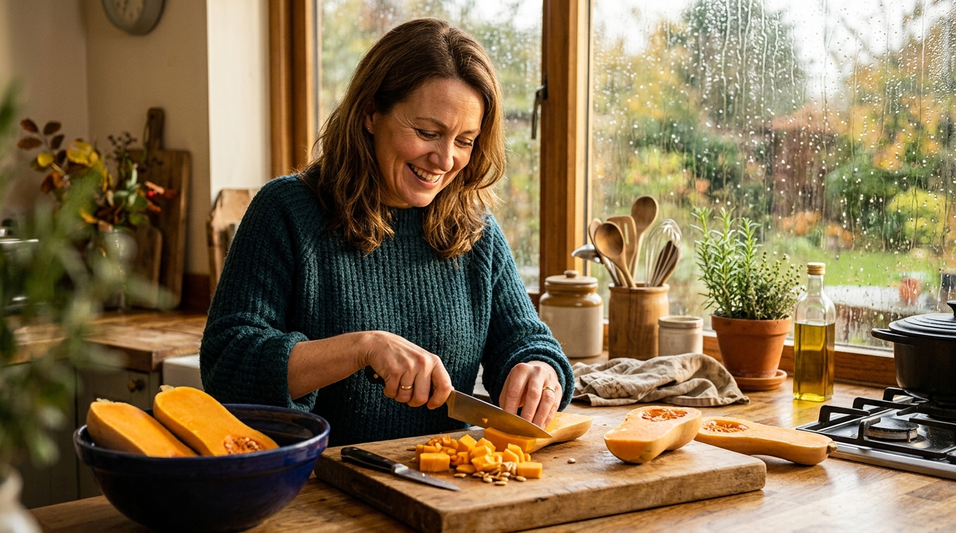 Femme coupant une courge butternut en cuisine
