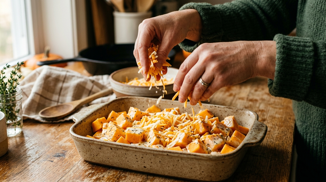 Préparation du gratin de courge avec fromage râpé