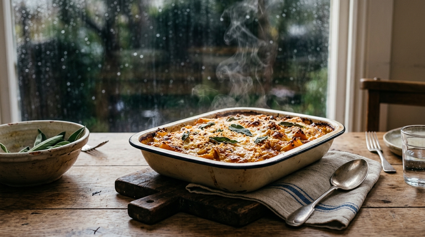 Gratin de courge doré sortant du four