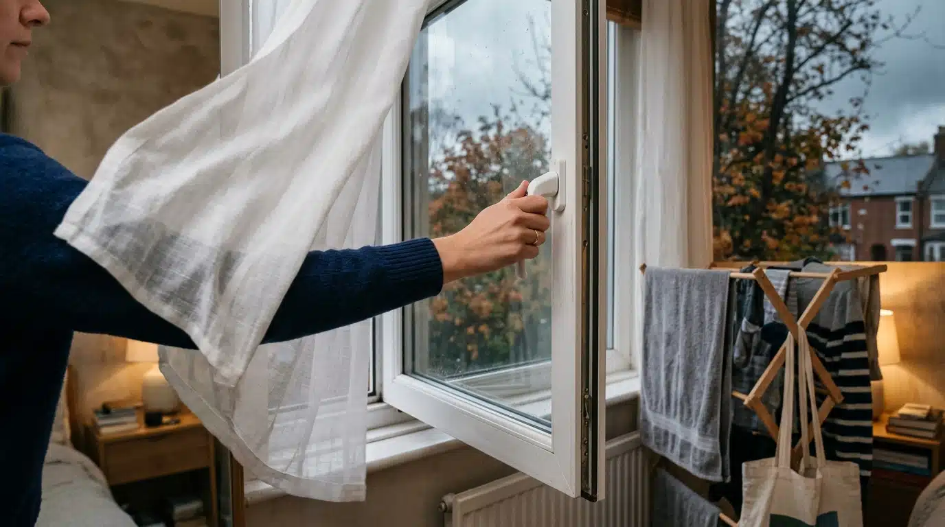 Fenêtre ouverte dix minutes près d'un étendoir à linge