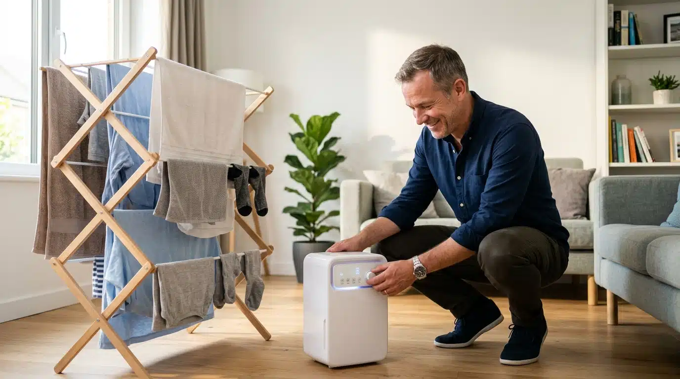 Homme vérifiant un déshumidificateur près du linge qui sèche