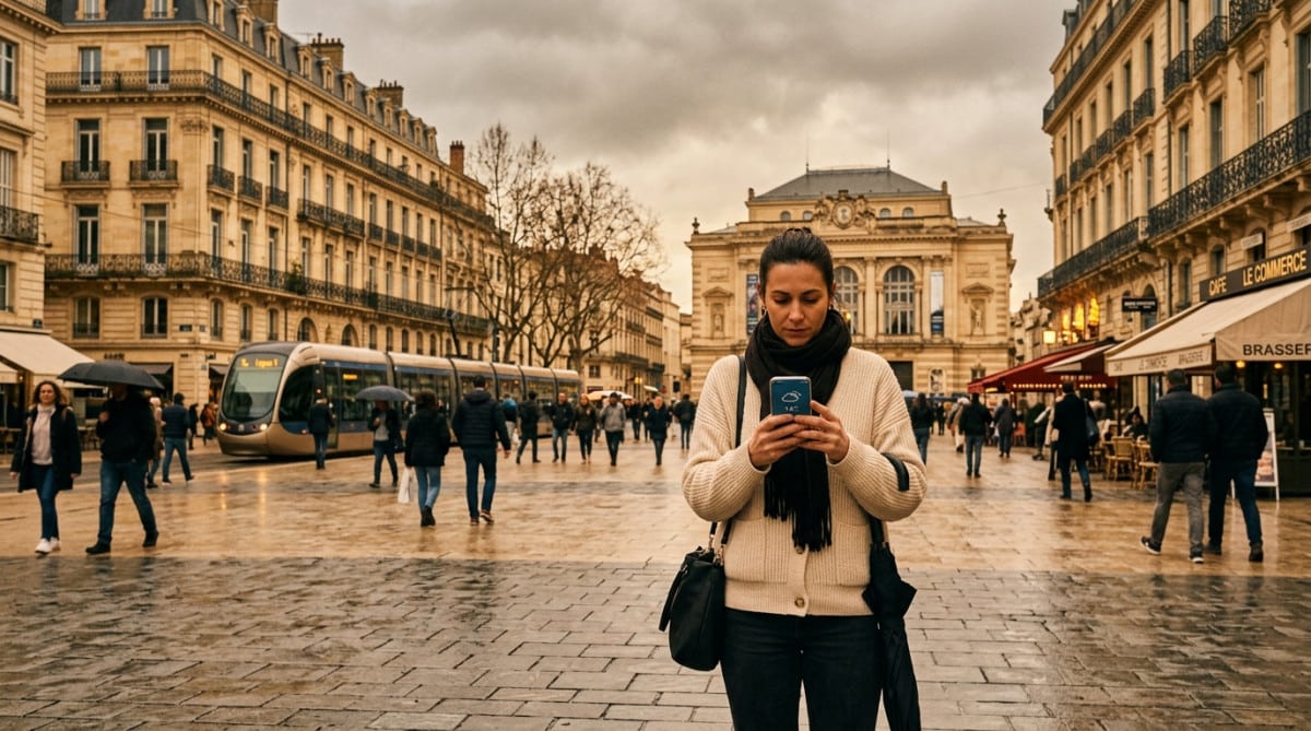 Ciel couvert sur une place de ville française