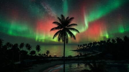 Ciel nocturne rouge et vert au-dessus d'une île tropicale