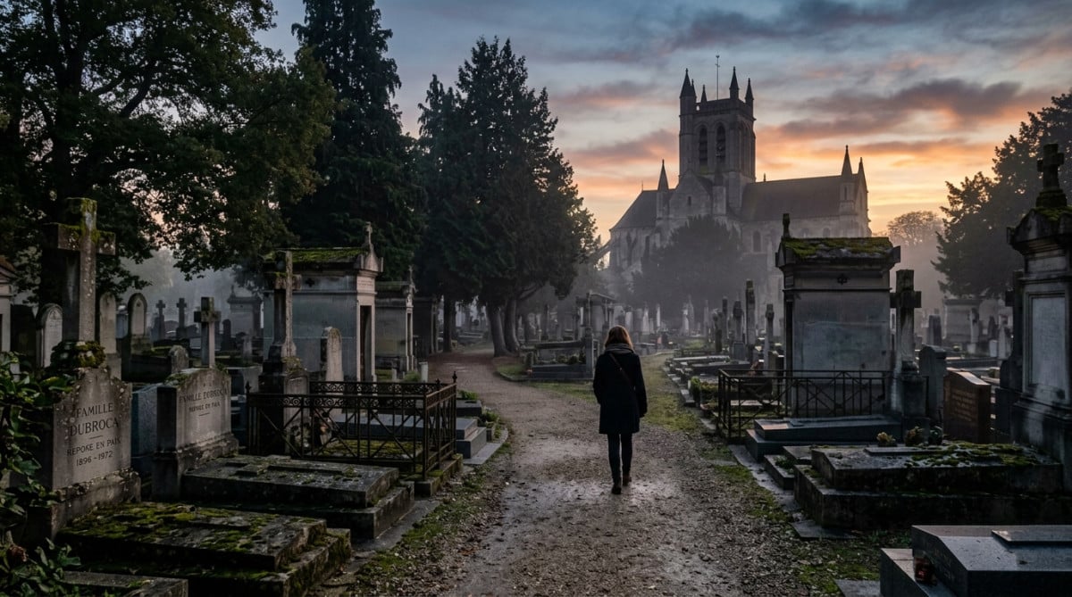 Cimetière français brumeux à l'heure du crépuscule