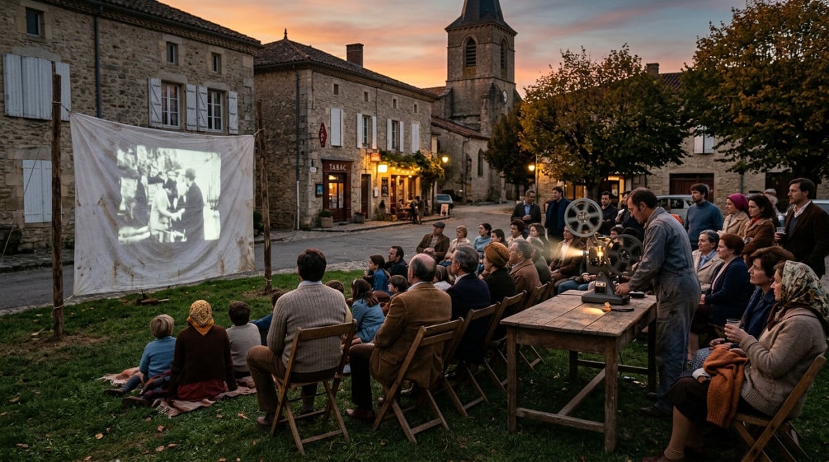 Cinéma en plein air avec drap tendu dans les années 1970