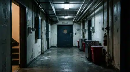Couloir sombre menant à la morgue d'un hôpital