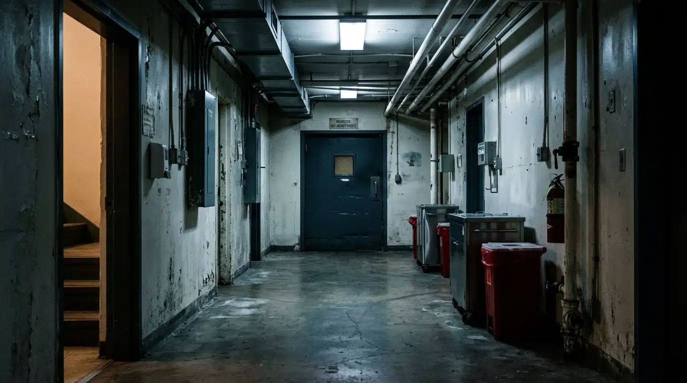 Couloir sombre menant à la morgue d'un hôpital