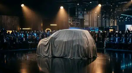 Petite voiture ronde bâchée sur scène de salon auto