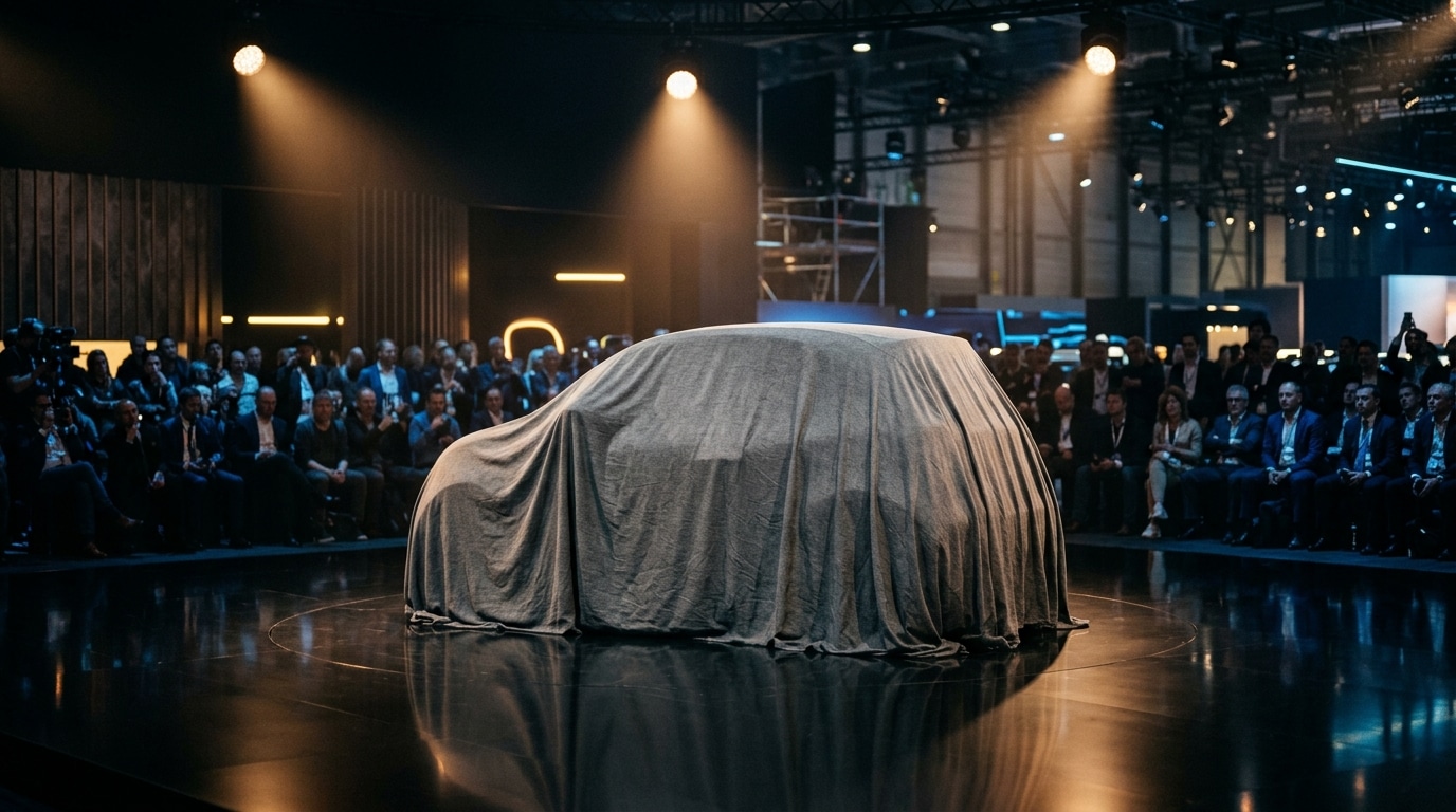 Petite voiture ronde bâchée sur scène de salon auto