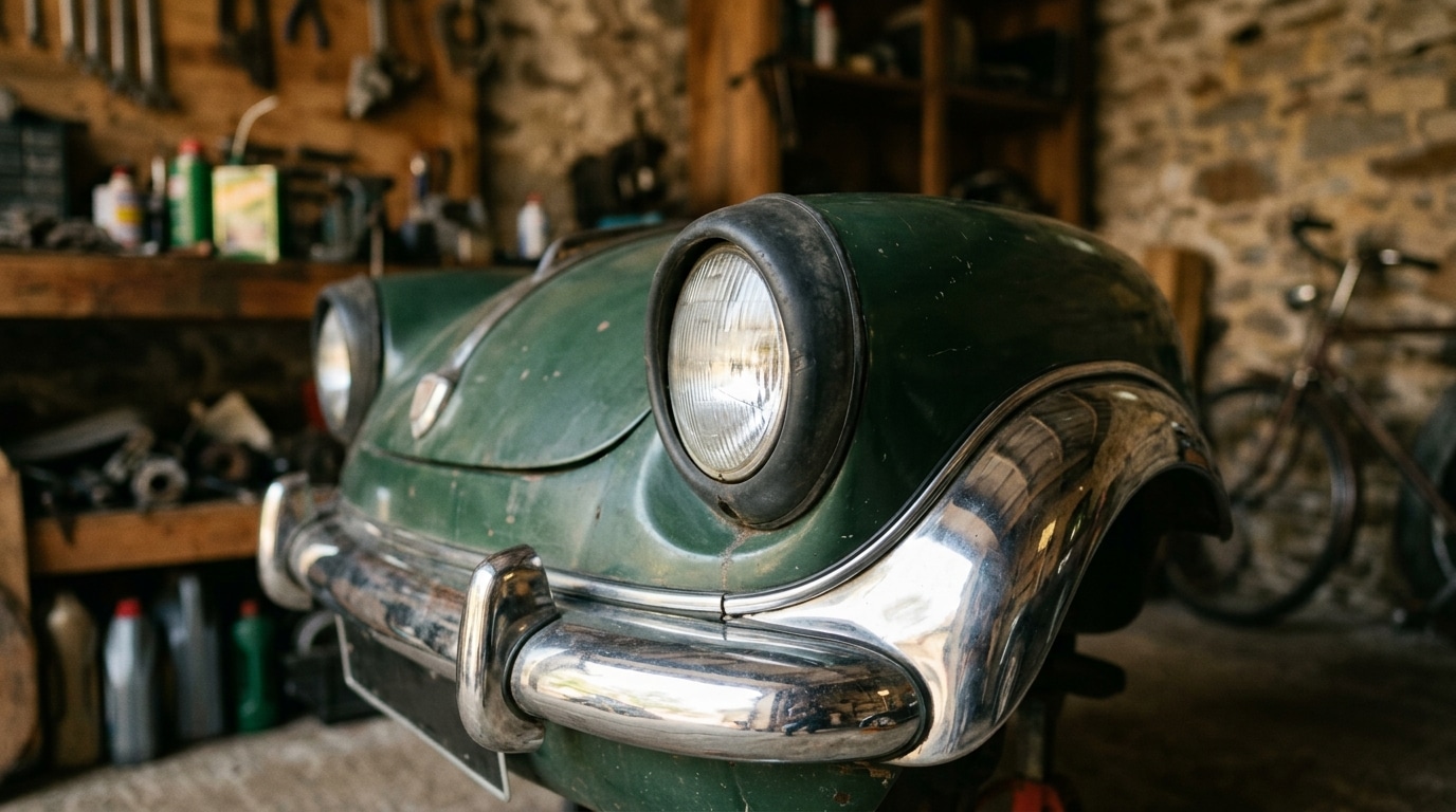 Détails phares ronds et carrosserie arrondie vintage