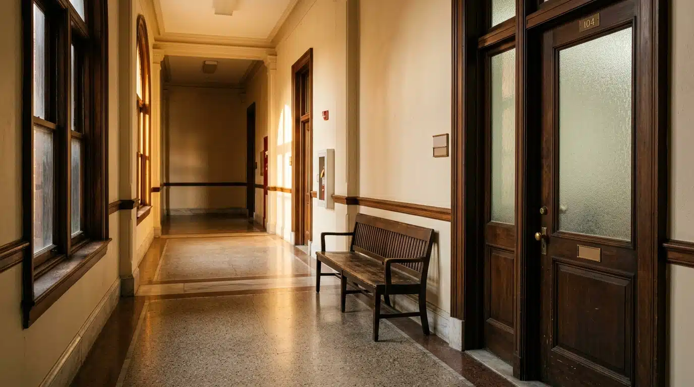 Couloir de tribunal vide avec porte vitrée fermée