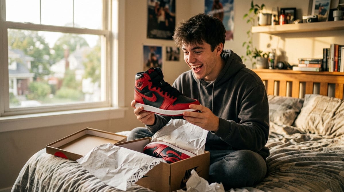 Client déballant une boîte de sneakers neuves