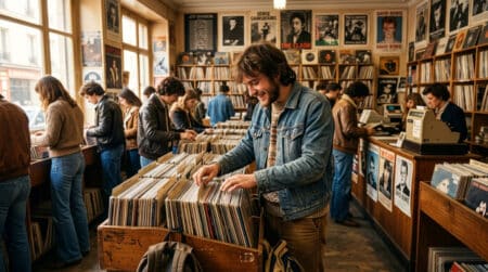 Client feuilletant des vinyles à la Fnac en 1980