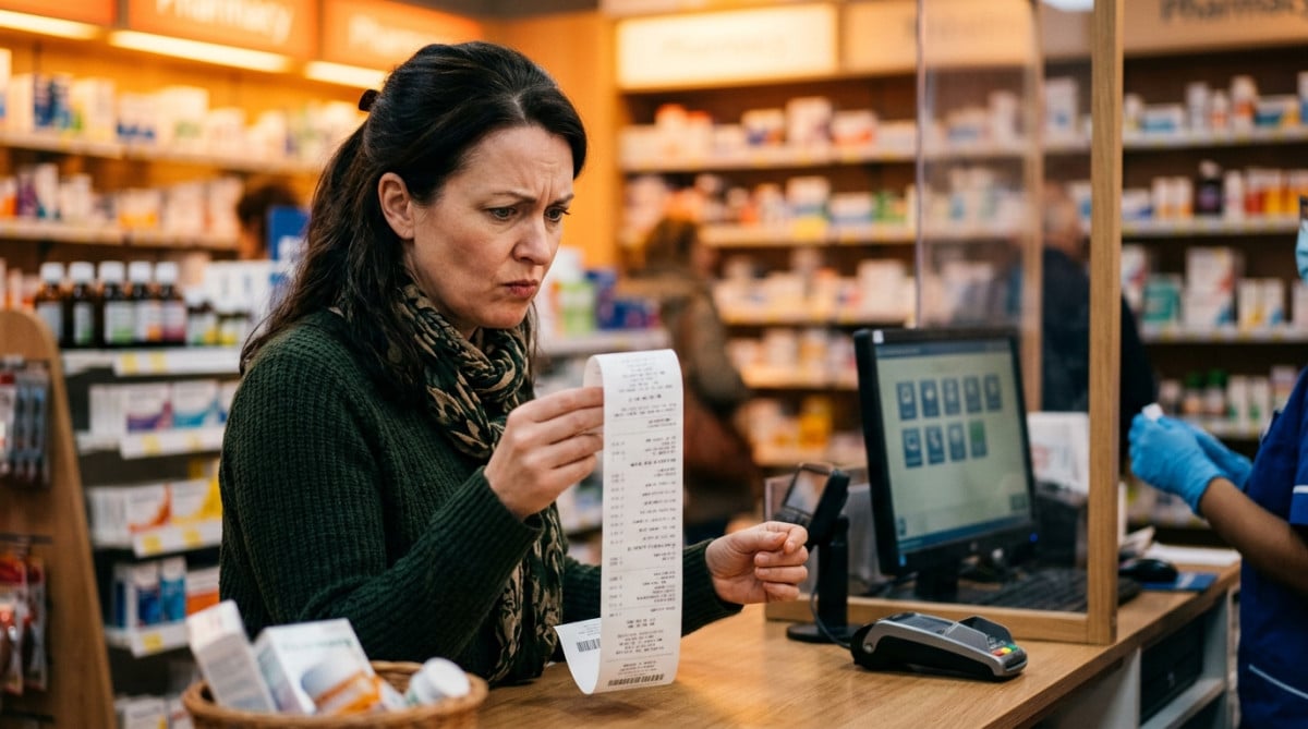 Client perplexe devant son ticket de caisse en pharmacie