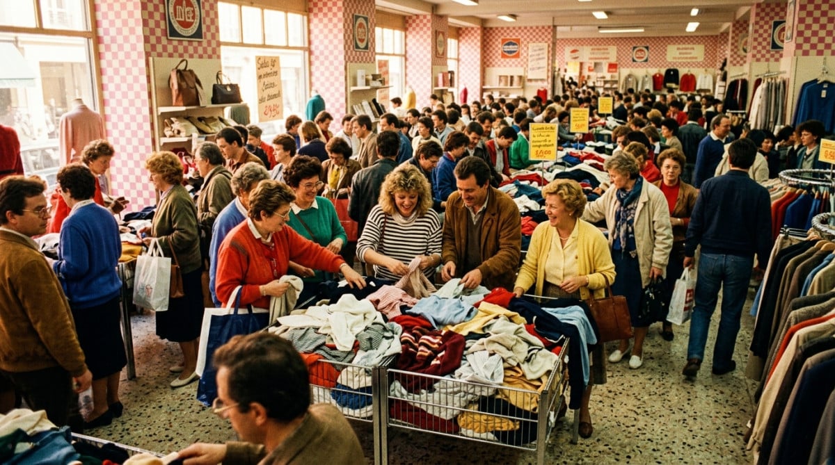 Clients fouillant dans les bacs du magasin Tati dans les années 80
