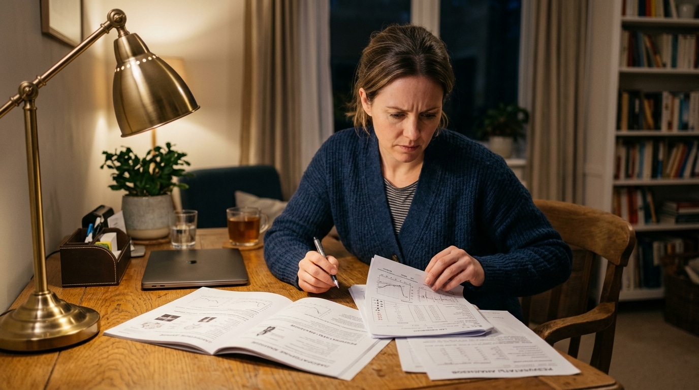 Femme consultant des documents médicaux à la maison
