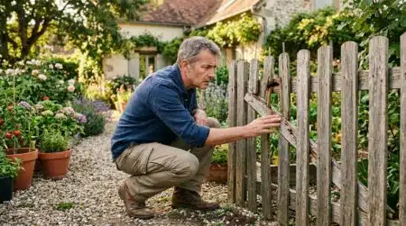 Homme examinant une clôture de jardin mal placée