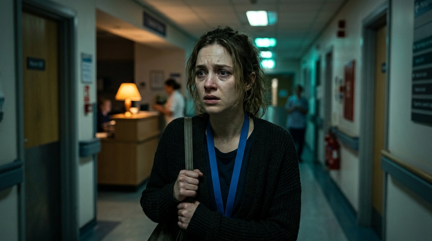 Femme anxieuse dans un couloir d'hôpital la nuit