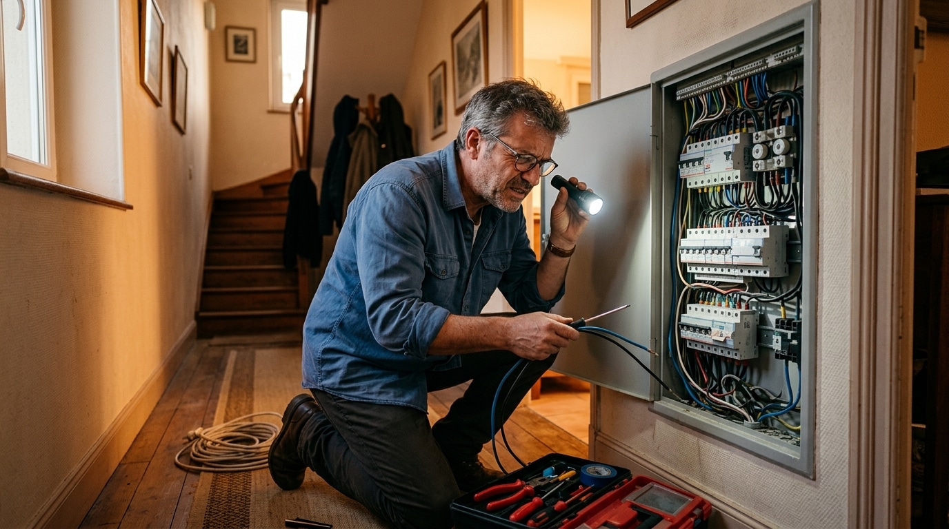 Homme vérifiant le tableau électrique de sa maison