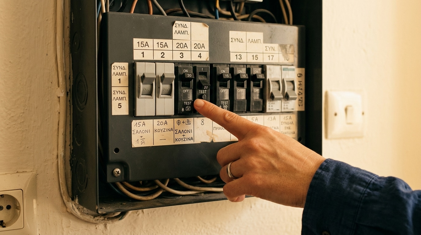 Main appuyant sur le bouton test du disjoncteur différentiel