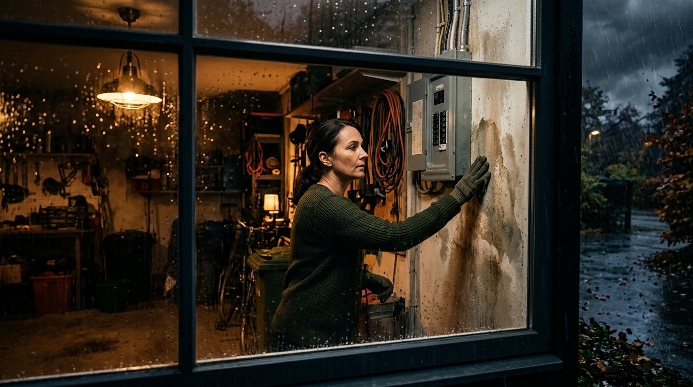 Femme touchant un mur humide près du tableau électrique