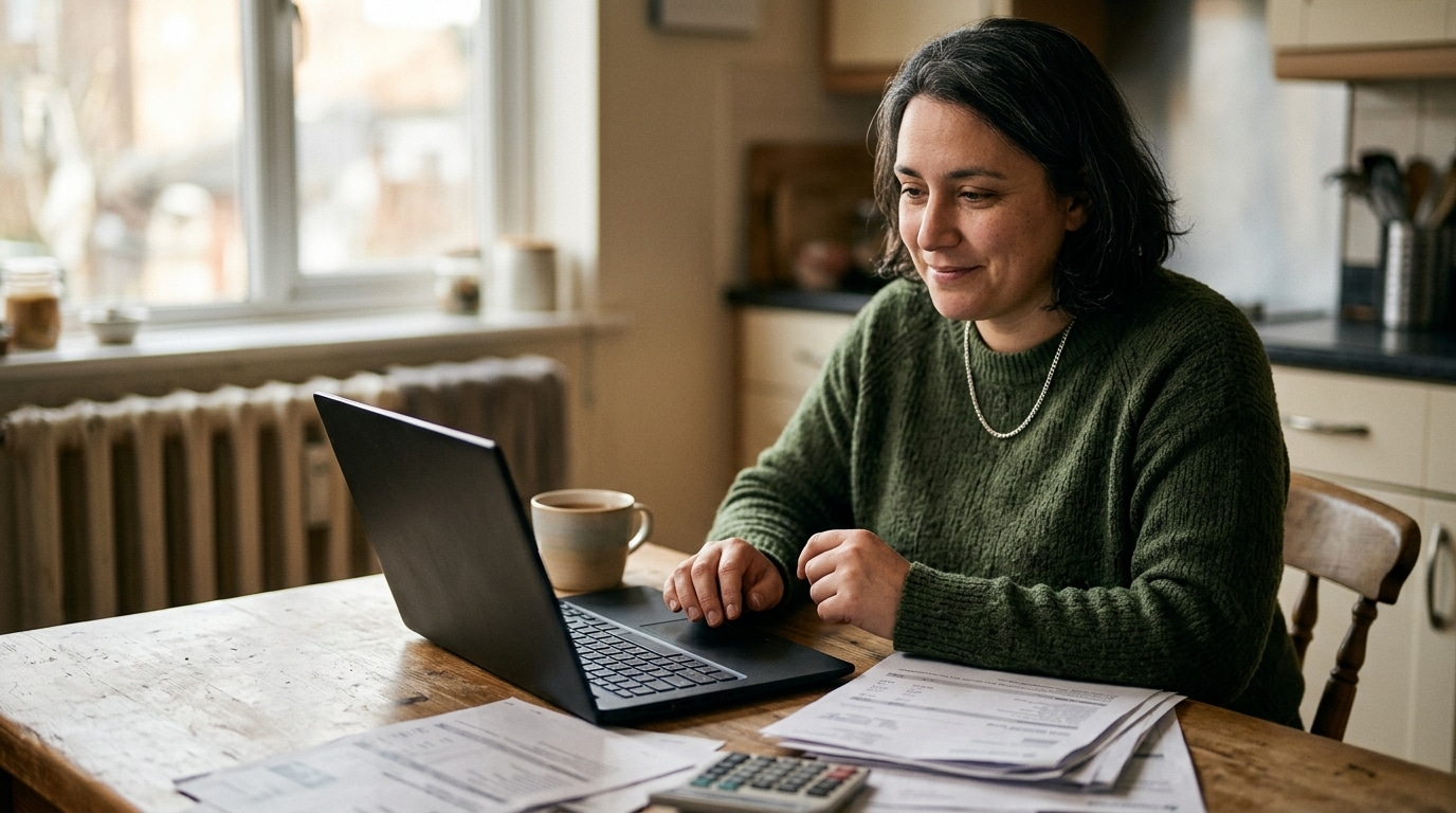 Personne souriante et soulagée devant des documents bancaires