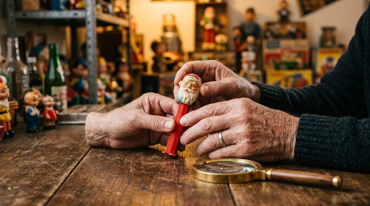 Collectionneur examinant un ancien distributeur Pez