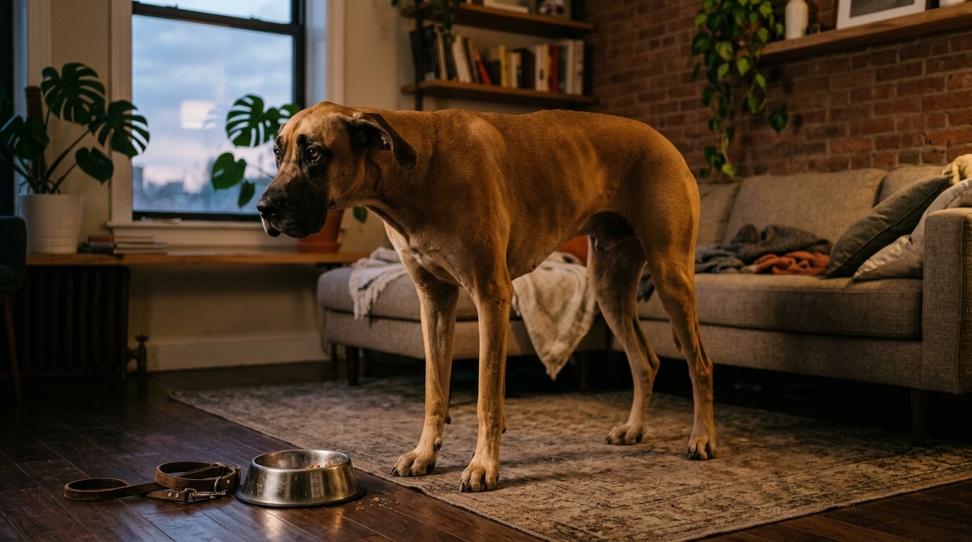 Chien au ventre tendu près de sa gamelle vide