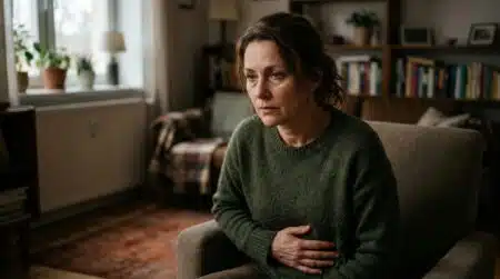 Femme assise seule tenant son ventre douloureux