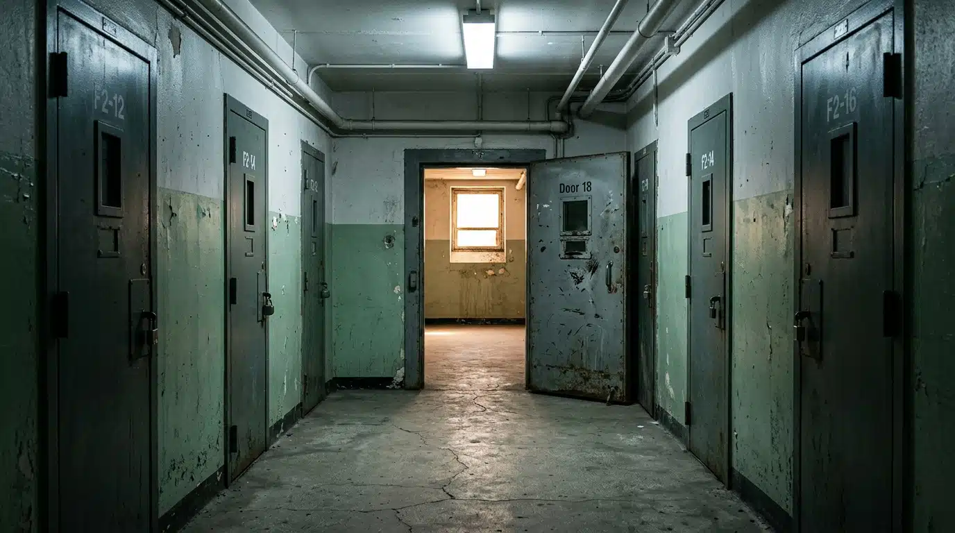 Porte de cellule de prison entrouverte dans un couloir