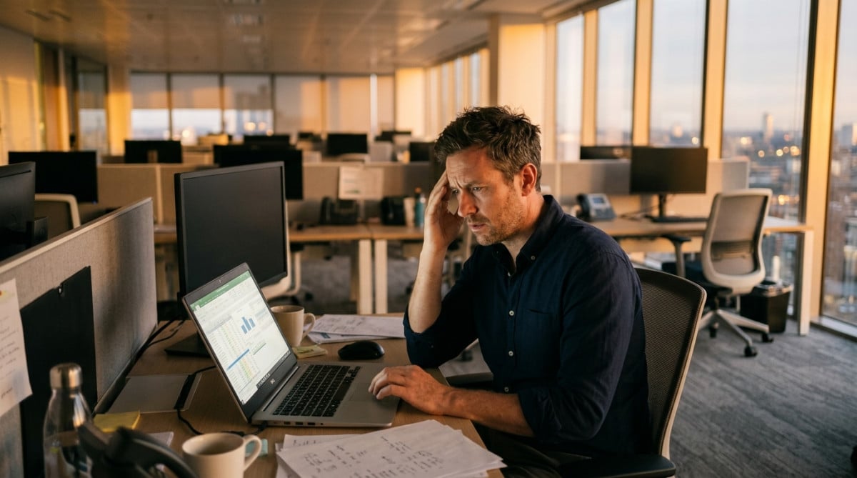 Commercial stressé au bureau en fin de journée