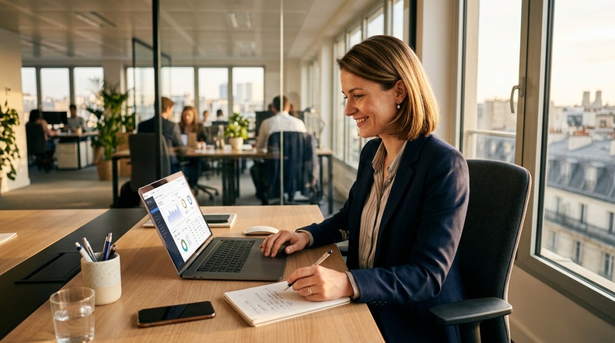 Commerciale souriante consultant ses ventes sur ordinateur portable