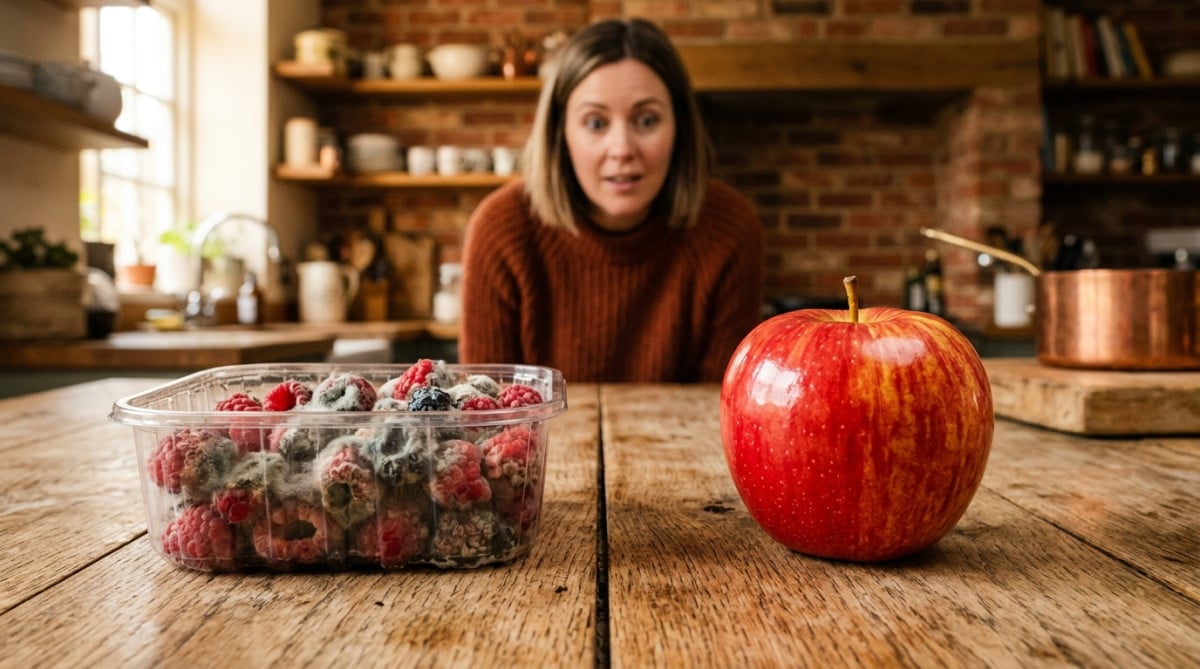 Comparaison framboises moisies et pomme intacte