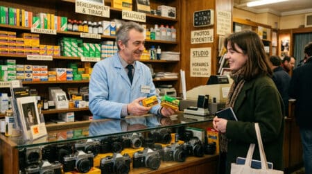 Comptoir photo drugstore parisien avec pellicules Kodak vintage