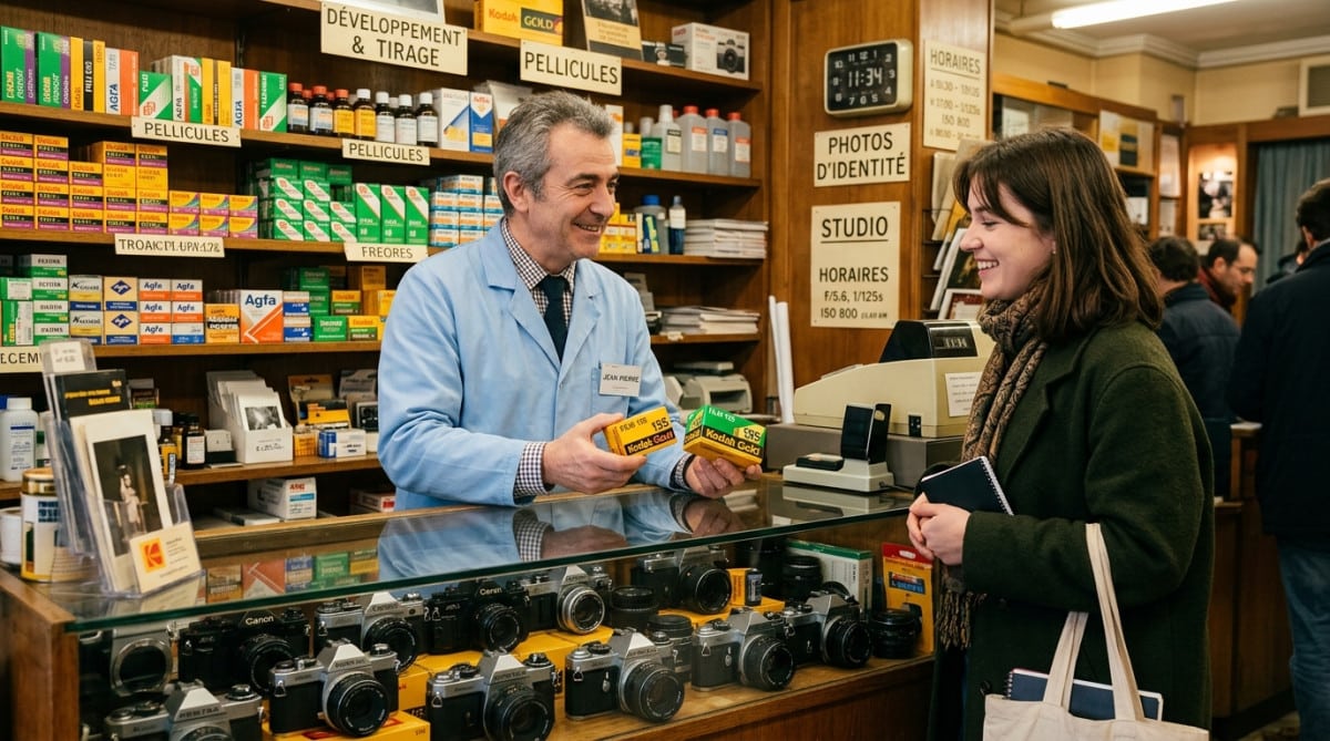 Comptoir photo drugstore parisien avec pellicules Kodak vintage
