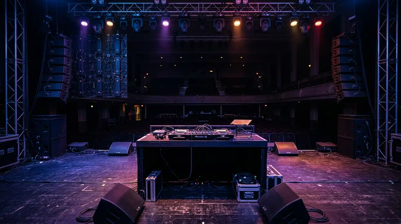 Scène de concert vide avec platines DJ sous lumières colorées