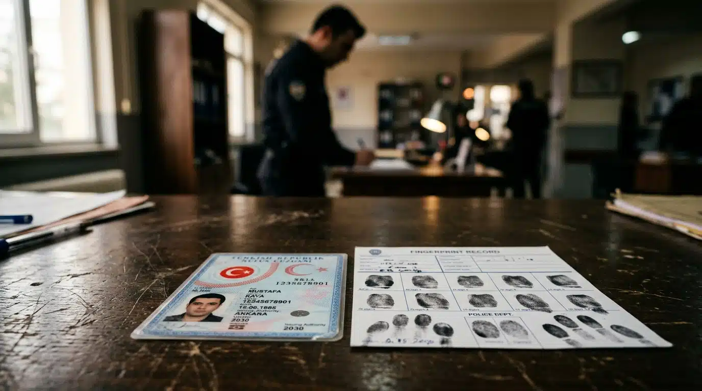 Carte d'identité et empreinte digitale sur un bureau de police