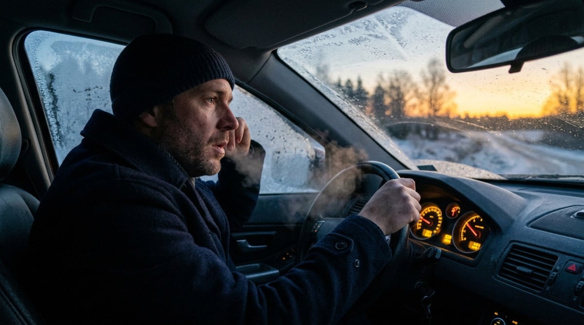 Conducteur frustré dans une voiture givrée au petit matin