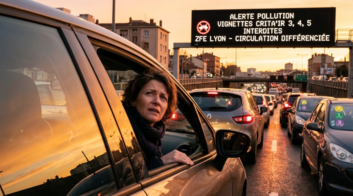 Conducteur regardant un panneau d'alerte pollution en ville