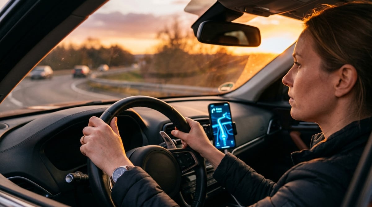 Conducteur suit un GPS au coucher du soleil
