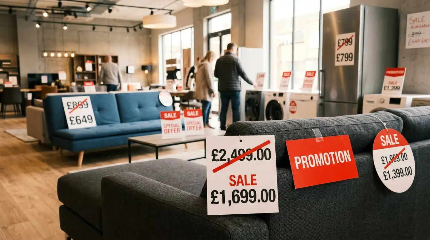 Étiquette de prix barré dans un magasin de meubles