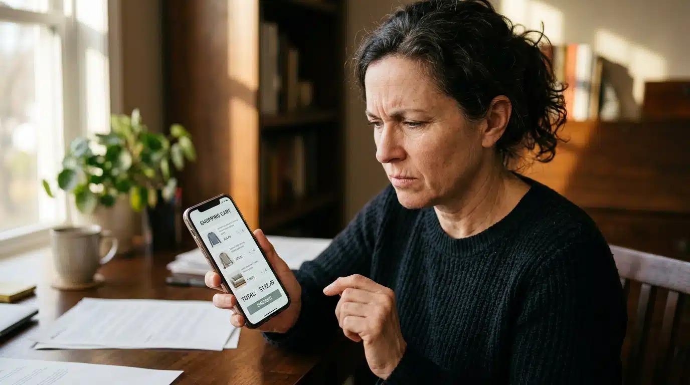Personne examinant un panier d'achat en ligne avec méfiance