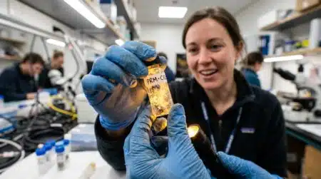 Scientifique tenant un échantillon de glace du permafrost