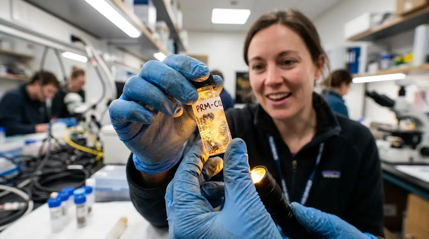 Scientifique tenant un échantillon de glace du permafrost