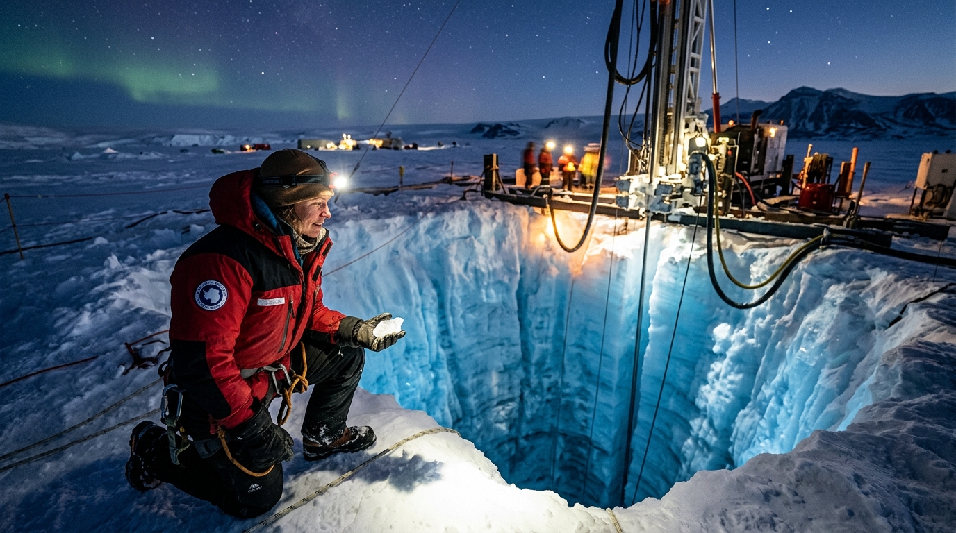 Chercheur au bord d'un forage glaciaire en Antarctique