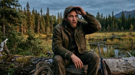 Chasseur choqué assis en forêt d'Alaska au crépuscule