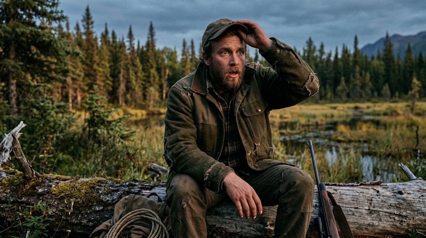 Chasseur choqué assis en forêt d'Alaska au crépuscule