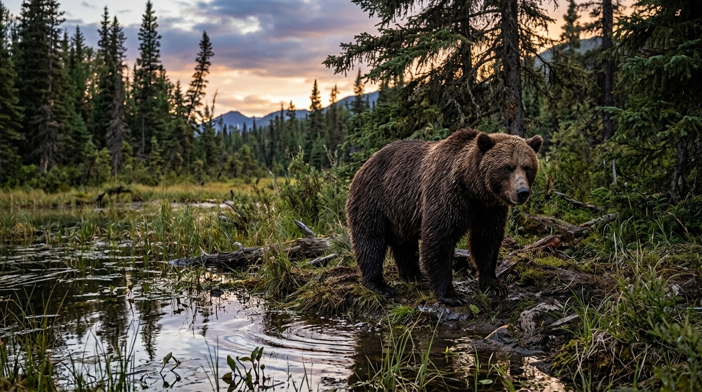 Ours brun sauvage dans la nature d'Alaska au coucher du soleil