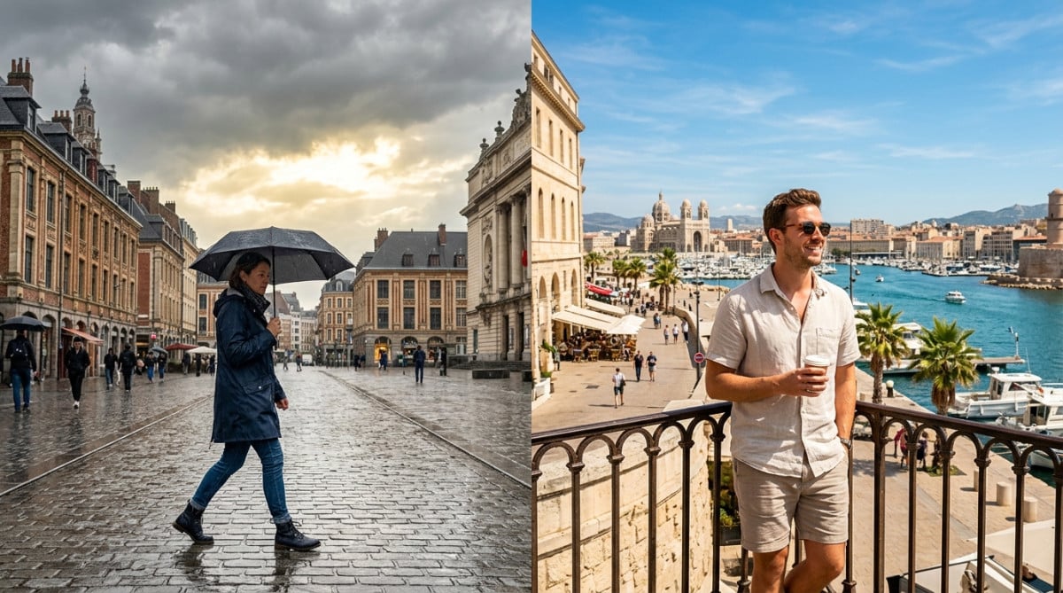 Contraste météo entre Lille pluvieux et Marseille ensoleillé